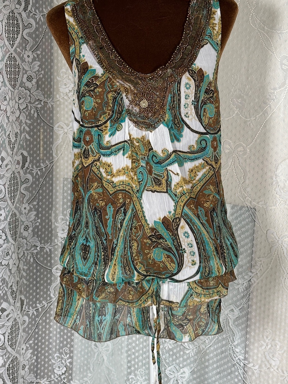 Adiva Teal and Brown Paisley Beaded V-Neck Camisole